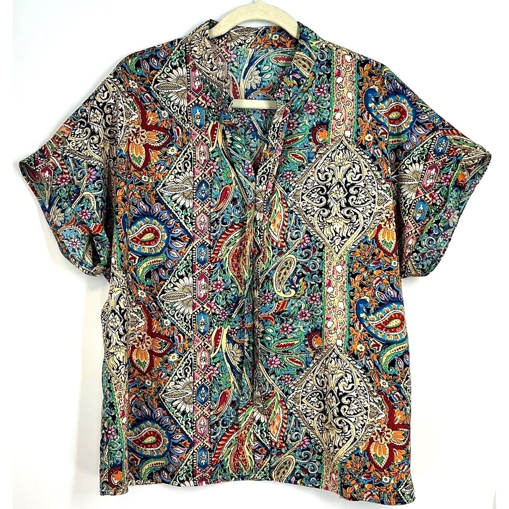 Multicolor Paisley Notch Collar Short Sleeve Blouse Boho Festival Maximalist XL